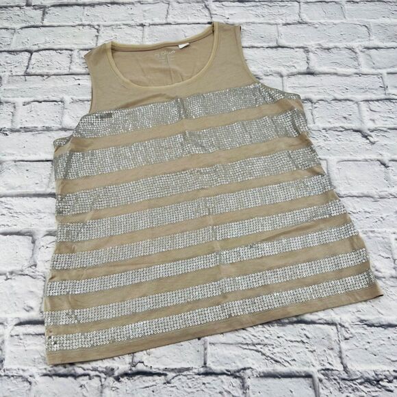 Chico's Sequin Stripe Tank Top 2 Medium 12/14 Brown Tan Sleeveless Round Neck - Picture 1 of 8